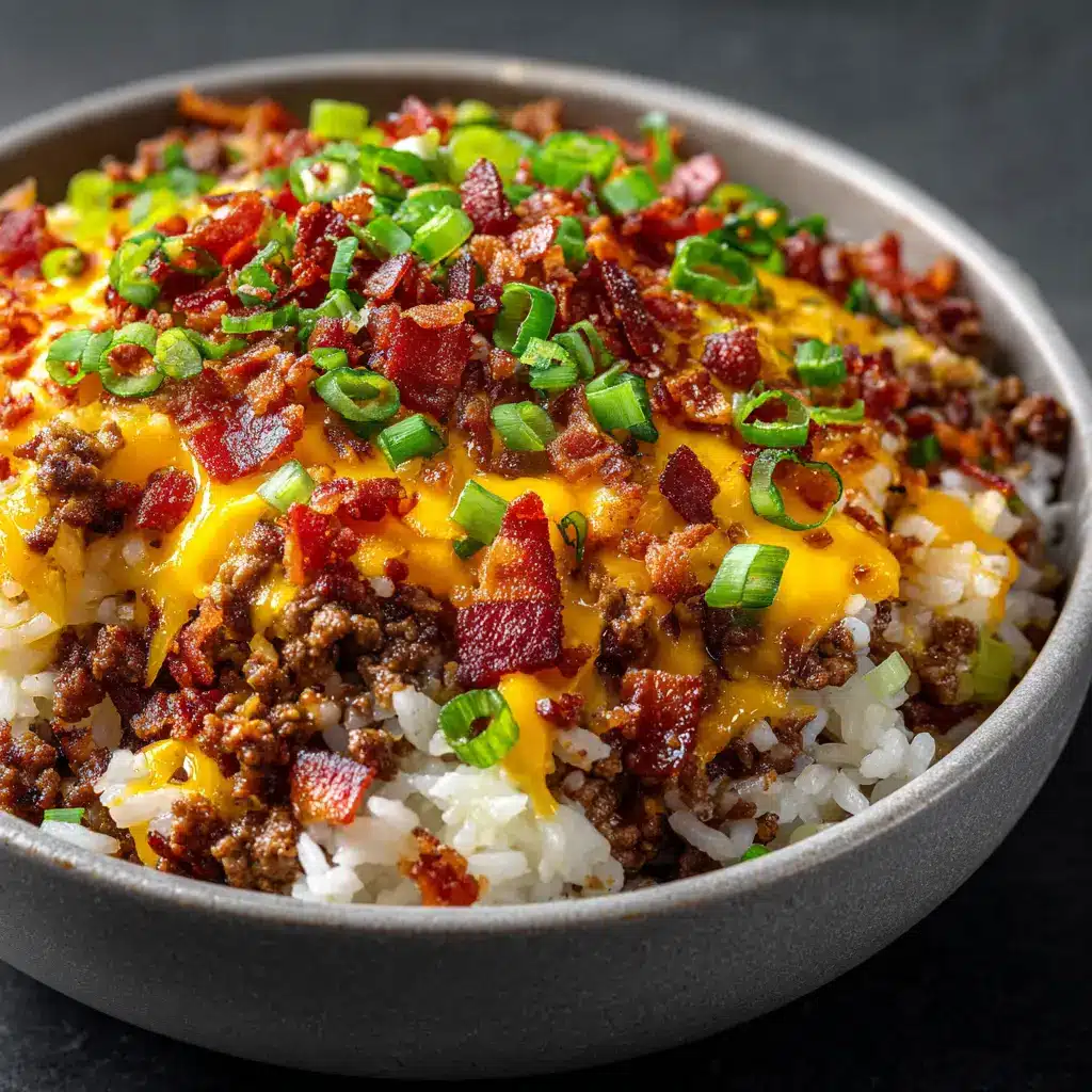 The Bacon Cheeseburger Rice being prepared in a large skillet, with all the ingredients simmering together before the cheese is added.