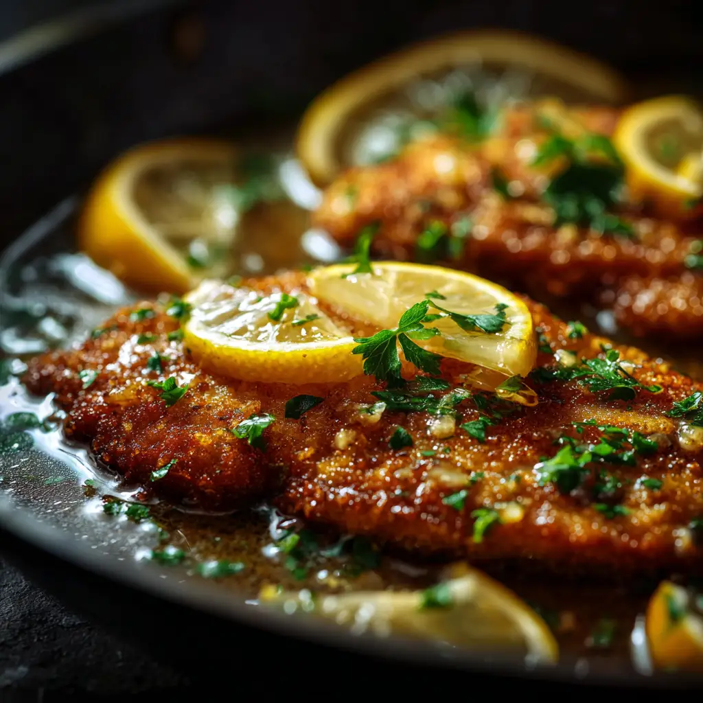 A shot of Chicken Francese being prepared in a skillet, with the lemon butter sauce being spooned over the golden-brown cutlets.