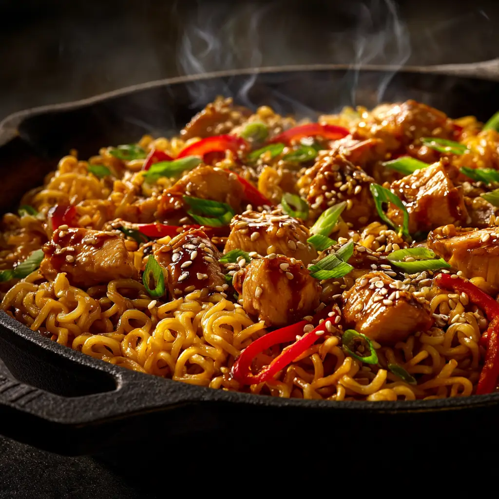 Chicken Ramen Stir Fry (Ready in 20 Minutes!) 1 A pan full of the 20-minute noodle stir fry being tossed, showing the combination of ingredients coming together.