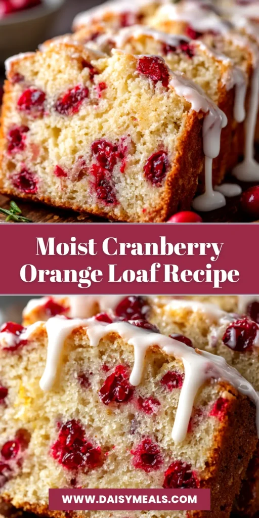 Cranberry Orange Loaf: The Only Recipe You'll Ever Need 3 A beautiful hero shot of a sliced Cranberry Orange Loaf drizzled with a sweet orange glaze, with fresh cranberries and an orange slice arranged nearby.