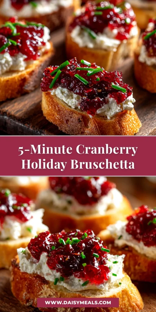 A platter of Cranberry Pepper Jelly Bruschetta, showing crispy toasted baguette slices topped with cream cheese, vibrant red pepper jelly, and fresh chives. The perfect holiday appetizer.