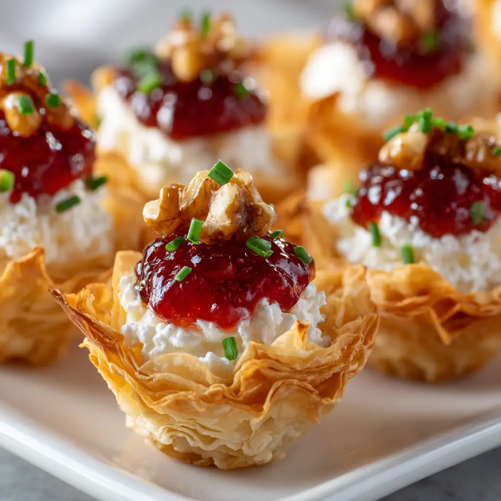 Cranberry Pepper Jelly Appetizer: The Easiest Holiday Recipe 2 A close-up of bite-sized phyllo cups filled with cream cheese and cranberry pepper jelly. A perfect holiday finger food idea.