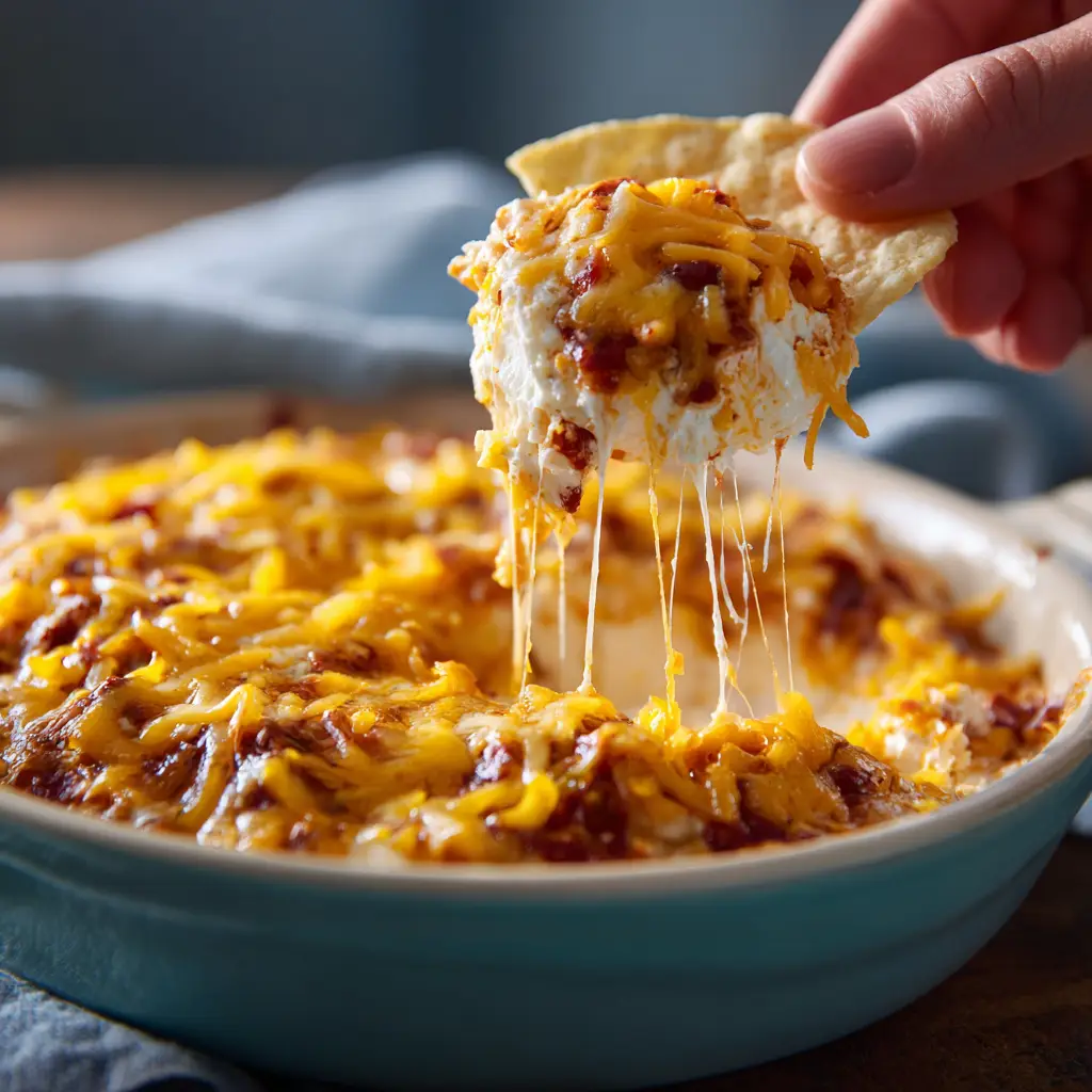 A close-up overhead shot of a tortilla chip scooping a generous amount of layered cream cheese salsa dip from a bowl.