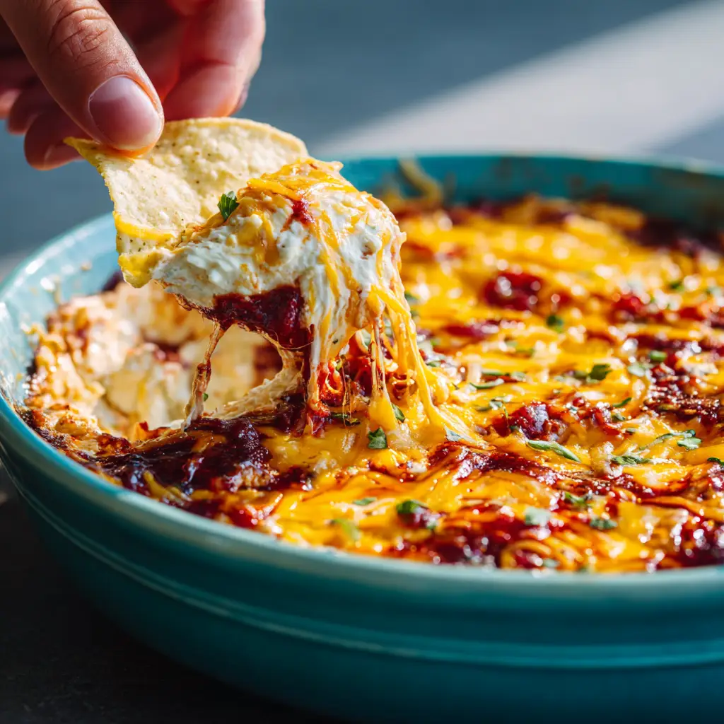 A second angle showing the full dish of easy salsa dip, surrounded by a bowl of tortilla chips ready for serving.