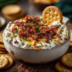 A close-up shot of a cracker being dipped into a bowl of creamy bacon cheddar ranch dip, showing its thick texture.