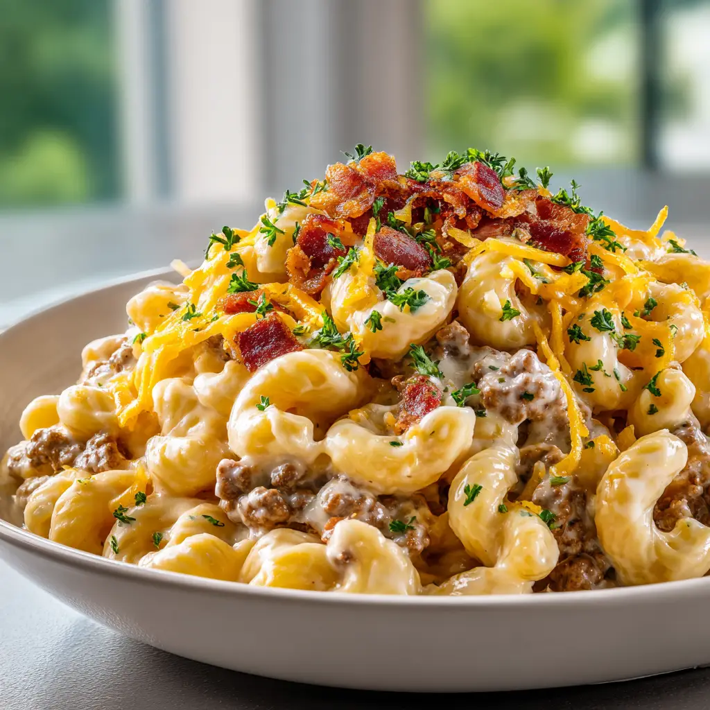 A beautiful shot of the creamy bacon cheeseburger pasta served in a rustic white bowl, garnished with fresh parsley and extra bacon bits.