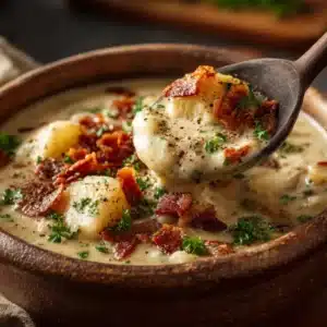 An extreme close-up of cheesy baked potato soup, showing the thick and creamy texture of the soup base.