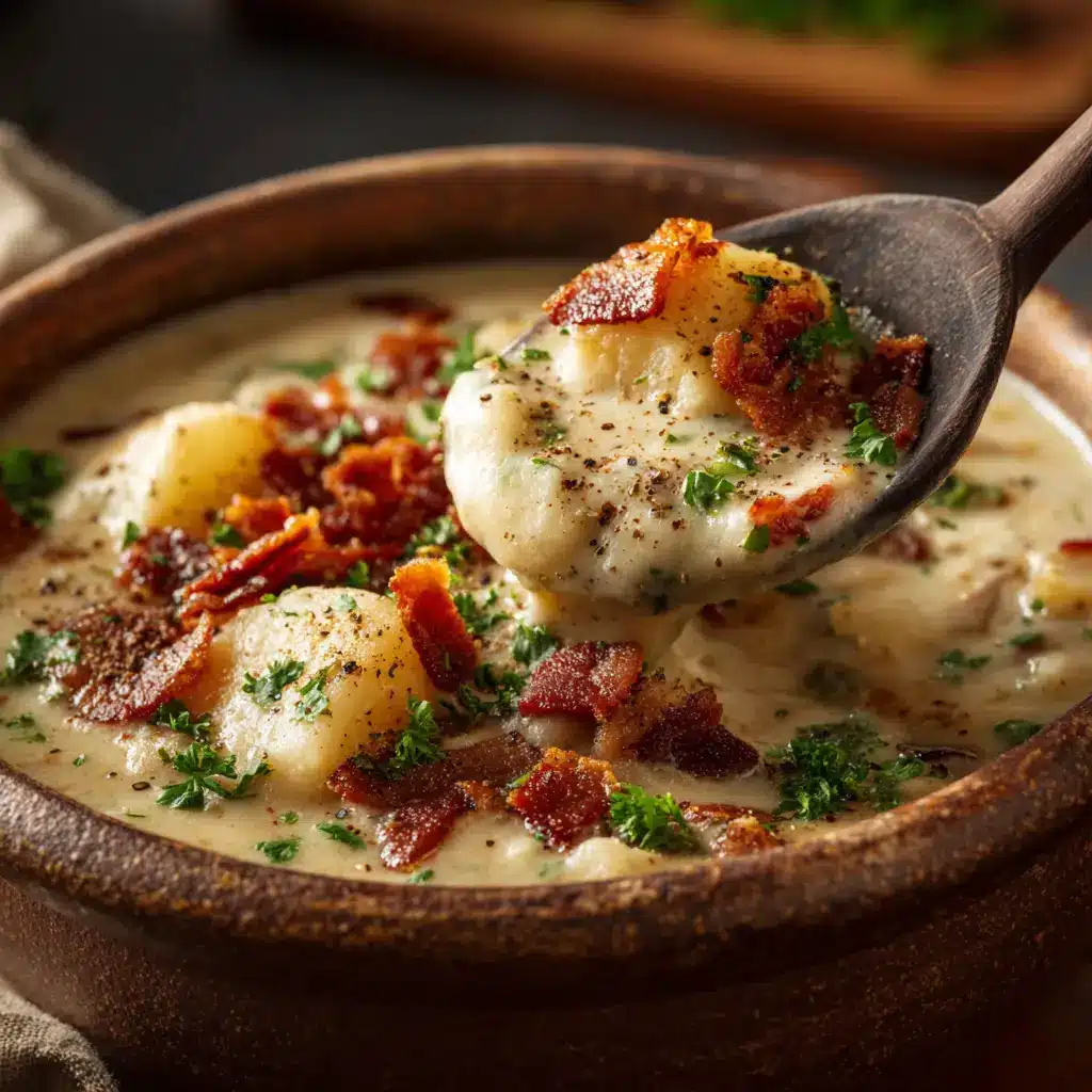 An extreme close-up of cheesy baked potato soup, showing the thick and creamy texture of the soup base.