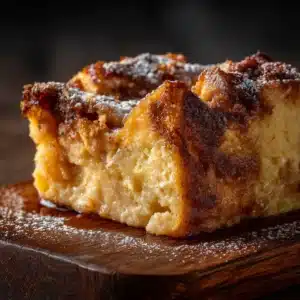 An extreme close-up of a slice of homemade bread pudding, highlighting the creamy custard-soaked bread.