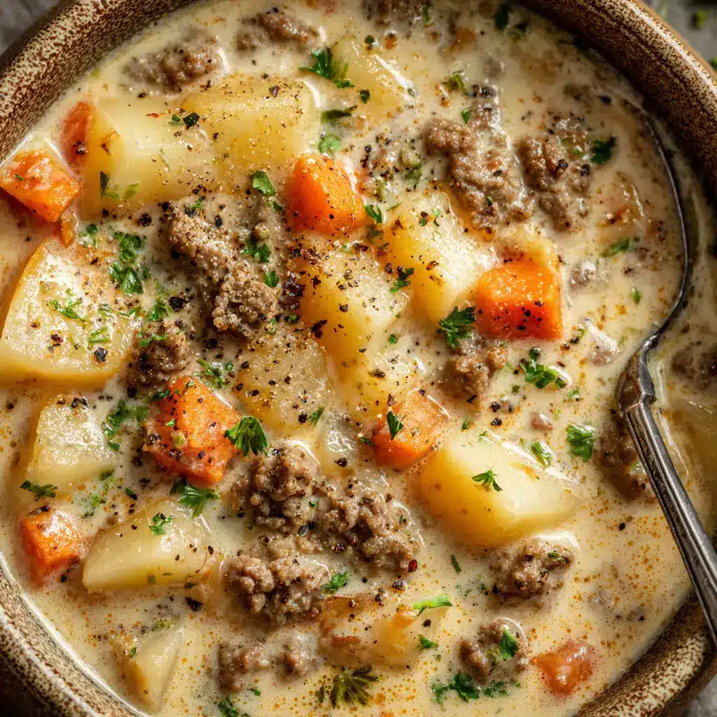 Crockpot Cheeseburger Soup: The Ultimate Comfort Meal 2 An overhead close-up shot of thick, creamy cheeseburger soup in a white bowl. The soup is a warm yellow color, showing its cheesy texture.
