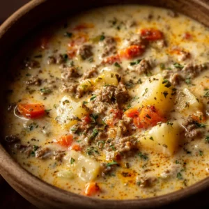 An overhead shot of a white bowl filled with hearty and creamy cheeseburger soup, topped with bacon bits and shredded cheese.
