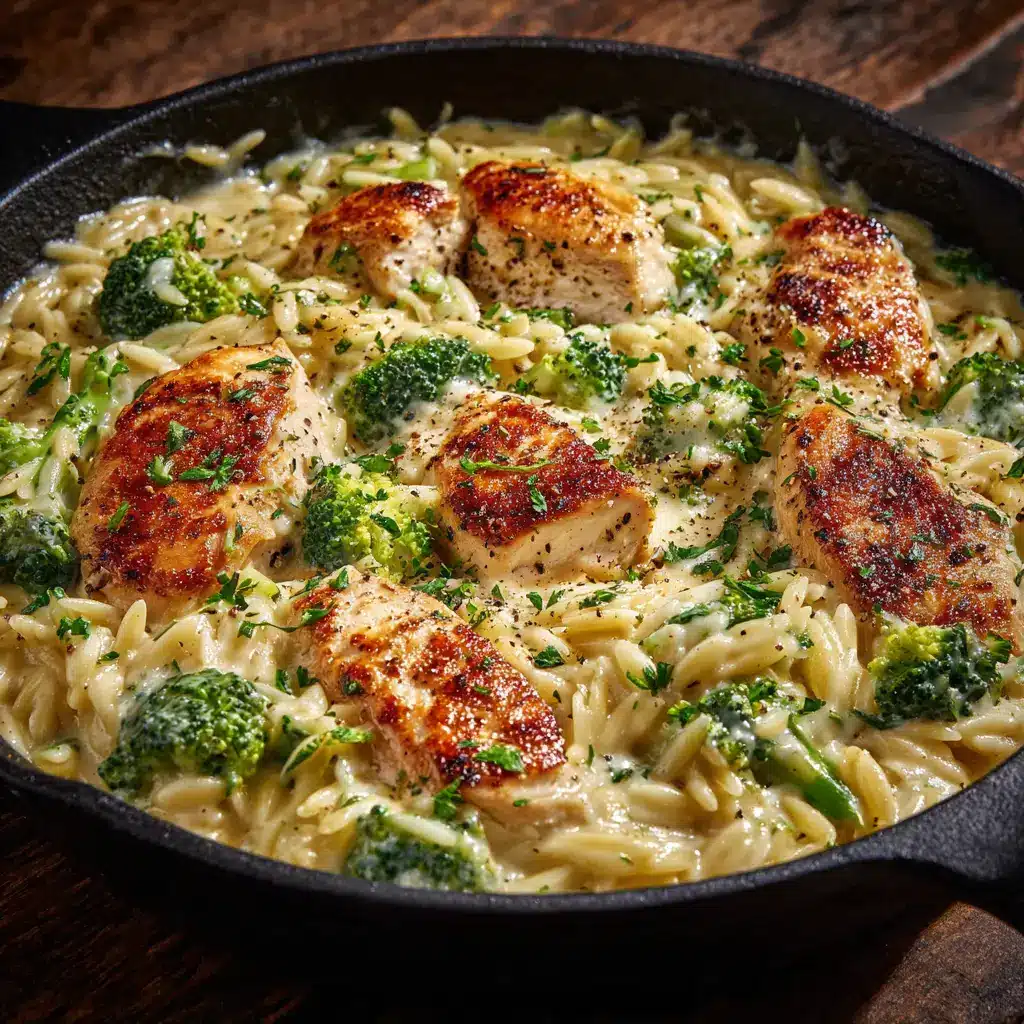 A close-up spoonful of creamy chicken orzo pasta, showing tender pieces of chicken and small broccoli florets in a rich sauce.