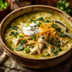 An extreme close-up shot of a rustic stoneware bowl filled with creamy chicken enchilada soup, showing the texture of the chicken and corn.