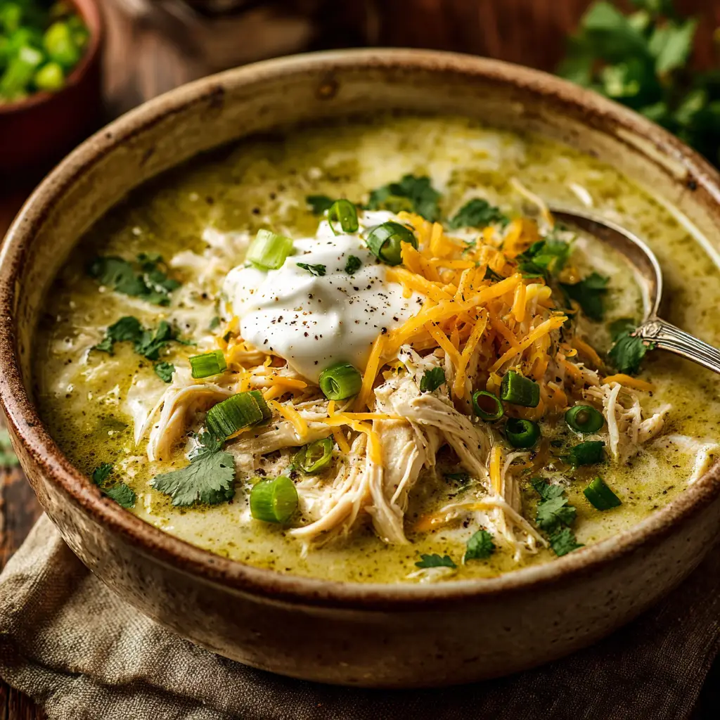 An extreme close-up shot of a rustic stoneware bowl filled with creamy chicken enchilada soup, showing the texture of the chicken and corn.