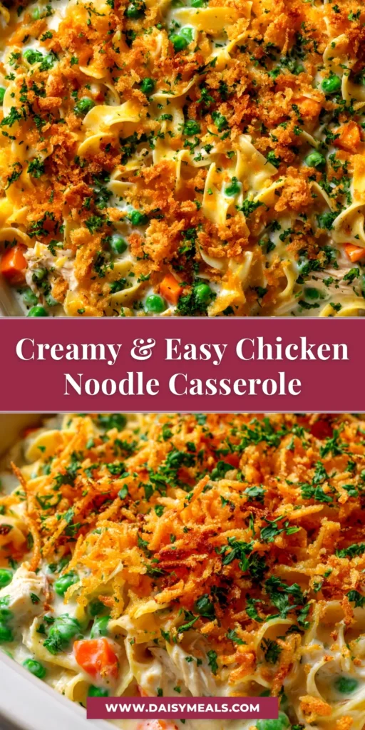 An overhead shot of a delicious Chicken Noodle Casserole in a white baking dish, showing its creamy texture and golden brown breadcrumb topping. The perfect easy dinner recipe.