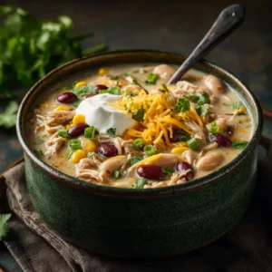 A close-up view of a spoonful of creamy white chicken chili with corn and black beans, highlighting the rich and velvety texture from the cream cheese.