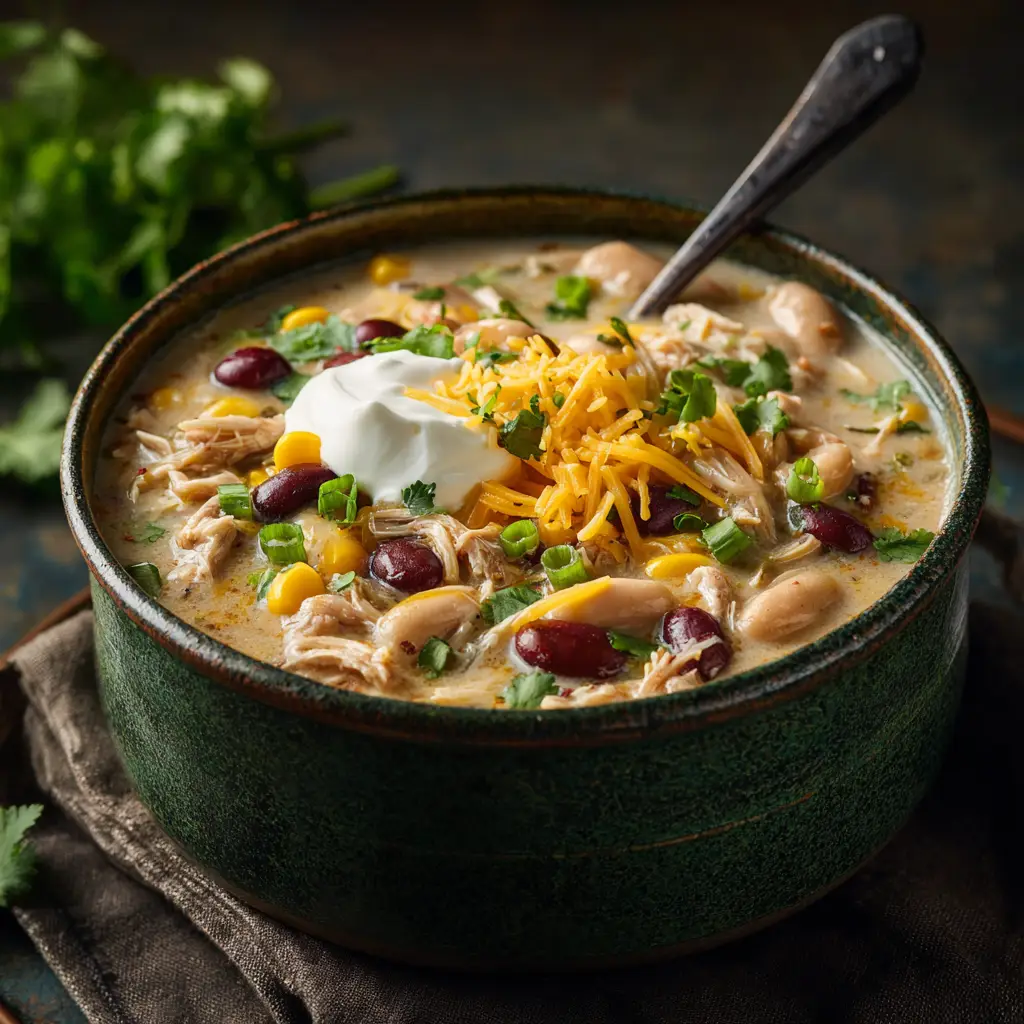 A close-up view of a spoonful of creamy white chicken chili with corn and black beans, highlighting the rich and velvety texture from the cream cheese.