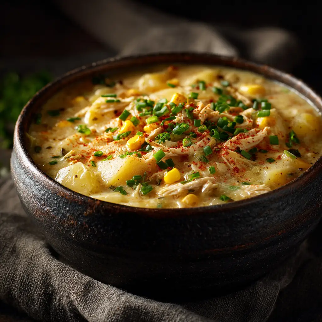 Slow Cooker Chicken Corn Chowder: The Creamiest Crockpot Recipe 2 A close-up shot of a spoonful of creamy crockpot chicken corn chowder, showing the texture of the chicken, corn, and potatoes.