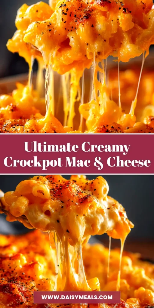 A large white serving bowl filled with creamy, cheesy Crockpot Mac and Cheese, with a serving spoon scooping some out. The perfect easy slow cooker recipe.