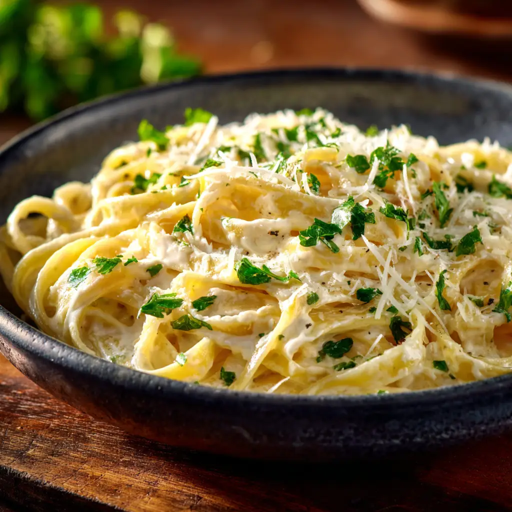 A close-up shot of fettuccine pasta coated in a rich and creamy alfredo sauce, garnished with fresh parsley.