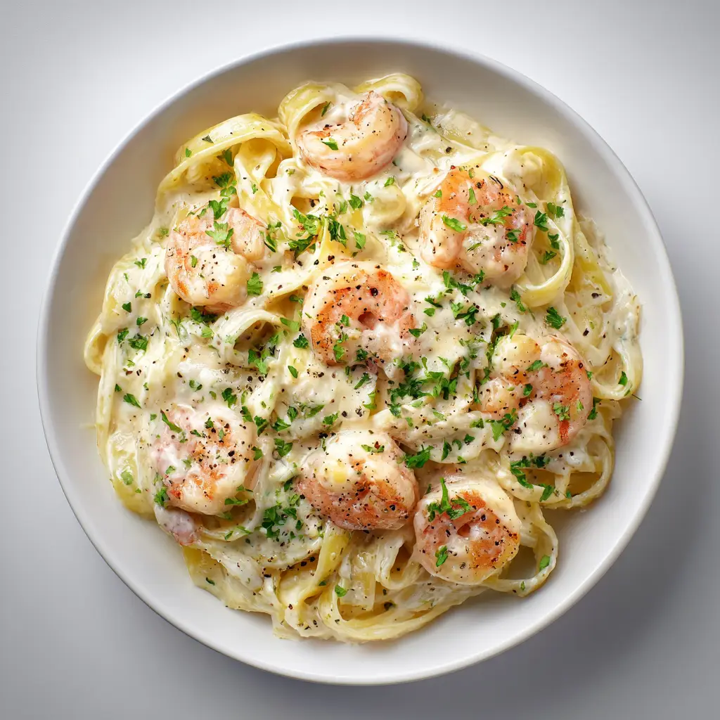 Shrimp Alfredo: The Easiest, Creamiest Recipe (Ready in 30 Mins!) 2 A close-up, overhead view of creamy garlic shrimp alfredo in a white bowl, showing the rich texture of the homemade alfredo sauce.
