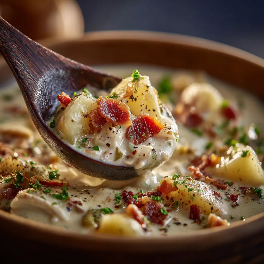 New England Clam Chowder: The Ultimate Authentic Recipe 2 A pot of homemade creamy clam chowder simmering on the stove, showing the thick texture and chunks of potatoes and clams.