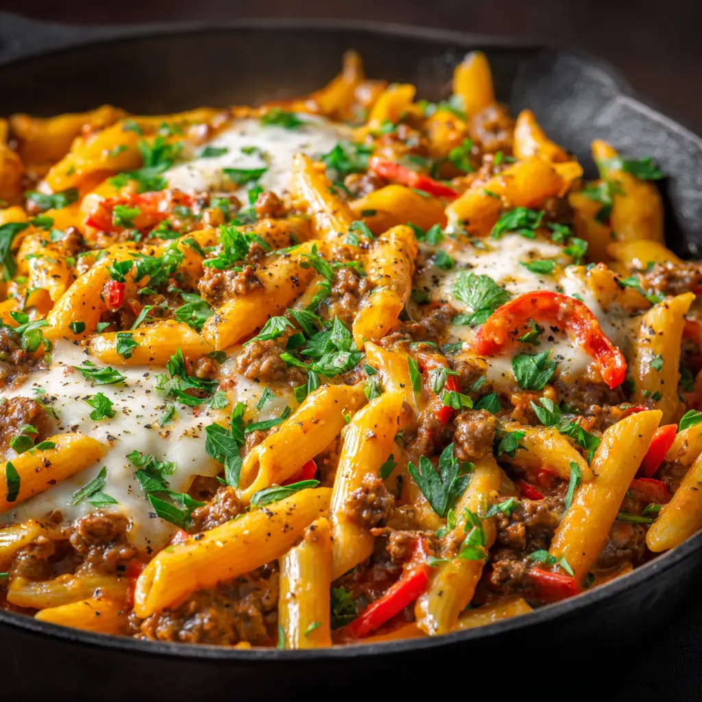 High-Protein Beef Pasta (Easy, Macro-Friendly Recipe!) 1 An extreme close-up of the finished high-protein beef pasta in a skillet, showing the creamy texture and tender ground beef.