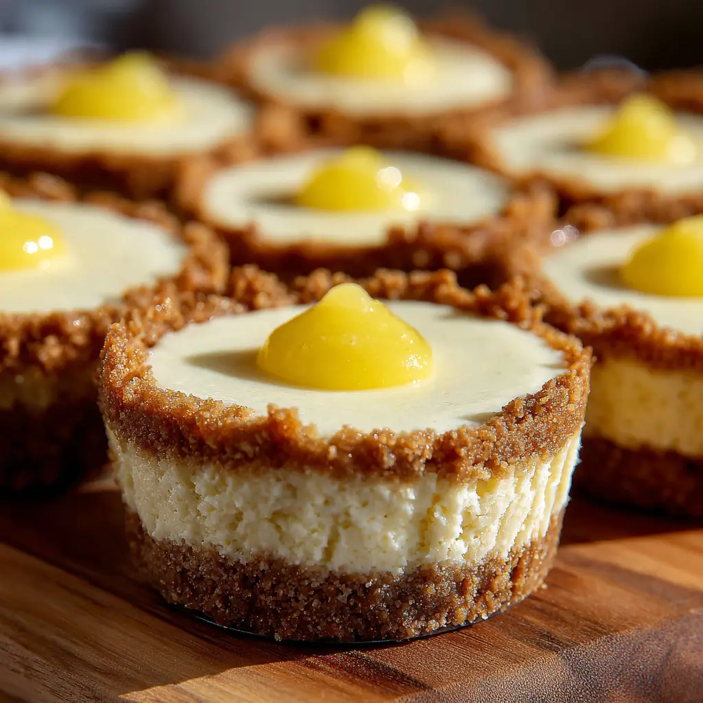 A close-up shot of creamy no-bake mini cheesecake cups, highlighting the smooth texture of the filling and the buttery graham cracker crust.