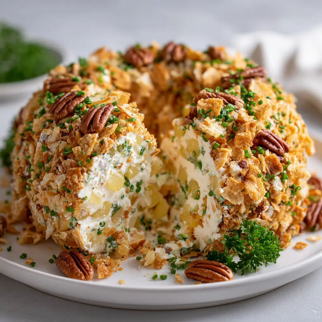 A slice of the pineapple cheese ball on a cracker, showing the creamy texture inside.