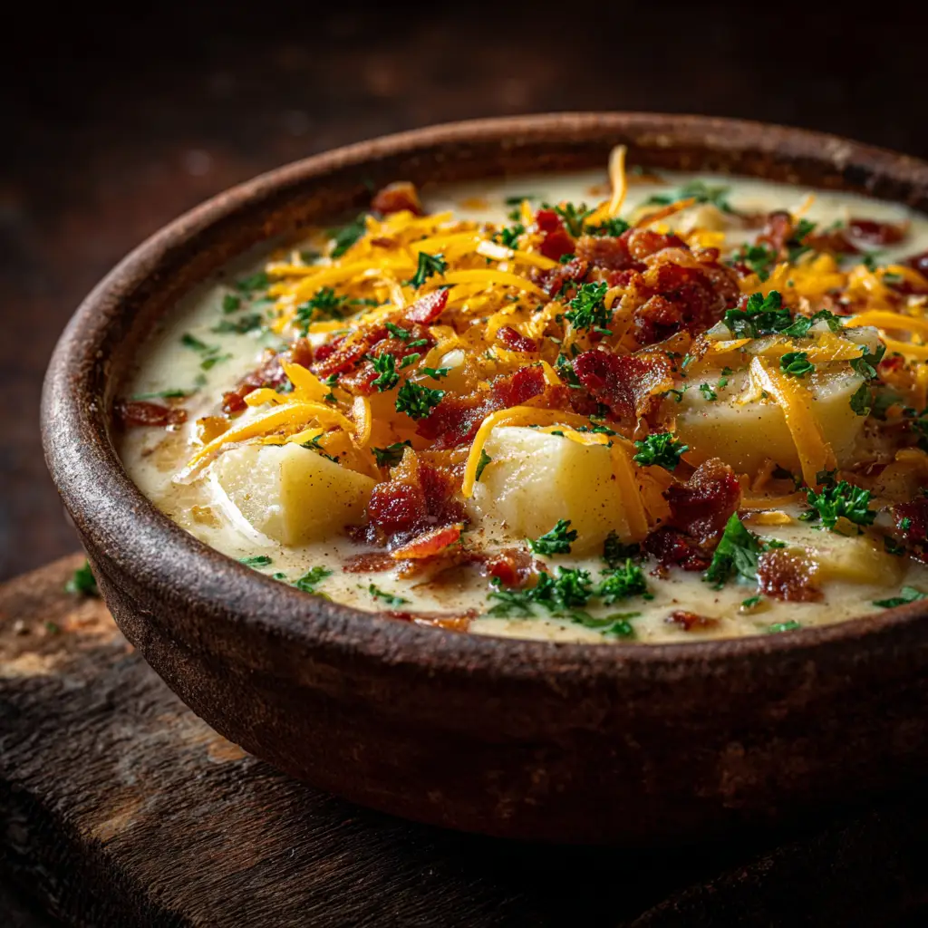 A steaming bowl of creamy potato soup in a rustic setting, ready to be served. This hearty soup is perfect for a comforting dinner.