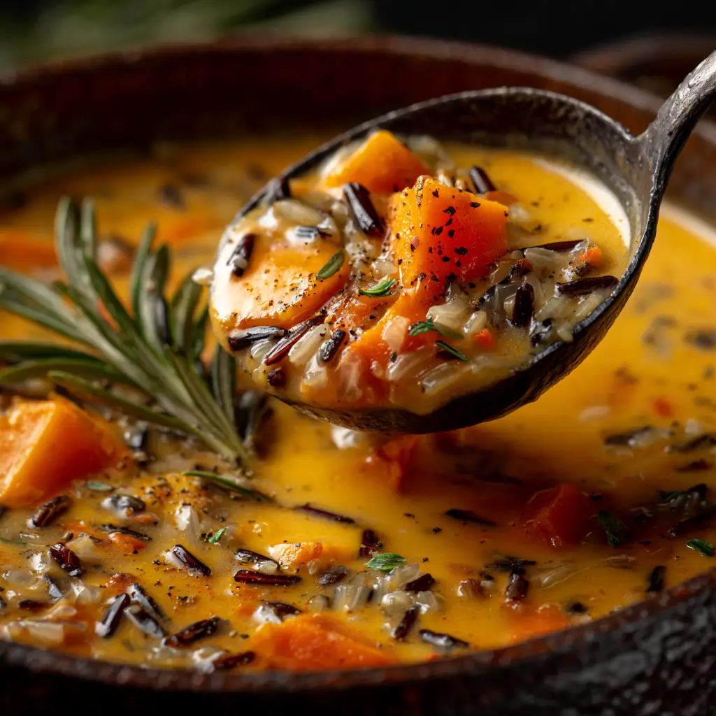A ladle scooping up a thick and creamy portion of pumpkin wild rice soup from a large pot, showing the hearty texture.