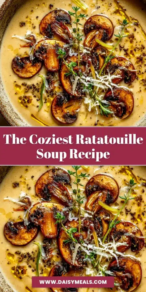 A vibrant bowl of creamy Ratatouille Soup recipe, garnished with fresh basil leaves. The soup is a rich, orange-red color, showcasing its tomato and roasted vegetable base.