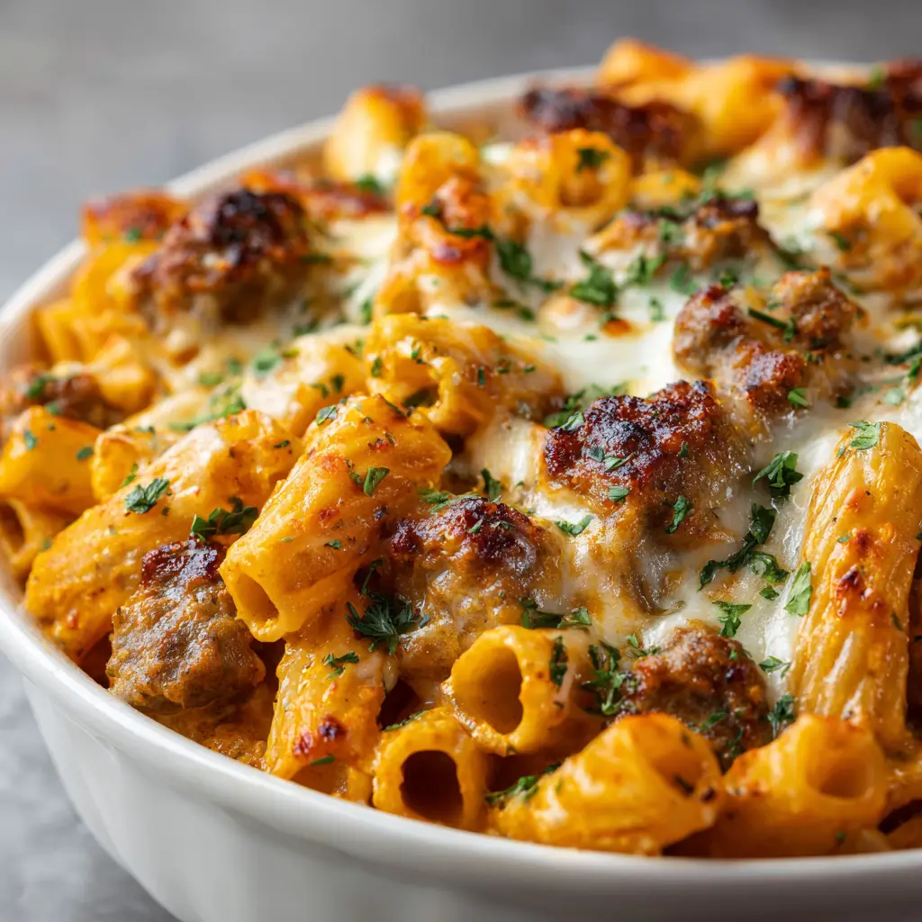 A fork twirling rigatoni pasta covered in a creamy, savory sausage and tomato sauce, ready to be eaten.