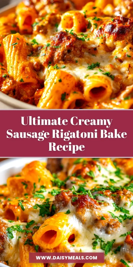 An overhead shot of a white bowl filled with Creamy Sausage Rigatoni, garnished with fresh basil. The rigatoni is coated in a rich, orange-hued cream sauce with pieces of browned sausage.