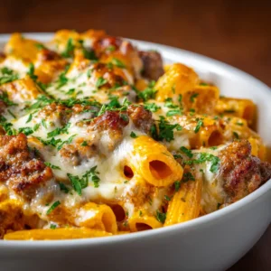A close-up shot of creamy sausage pasta, showing the texture of the rich tomato cream sauce clinging to a piece of rigatoni and savory sausage.
