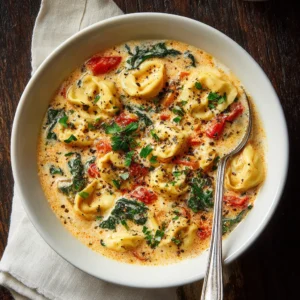 A close-up overhead shot of creamy sausage tortellini soup in a rustic bowl, ready to be served.