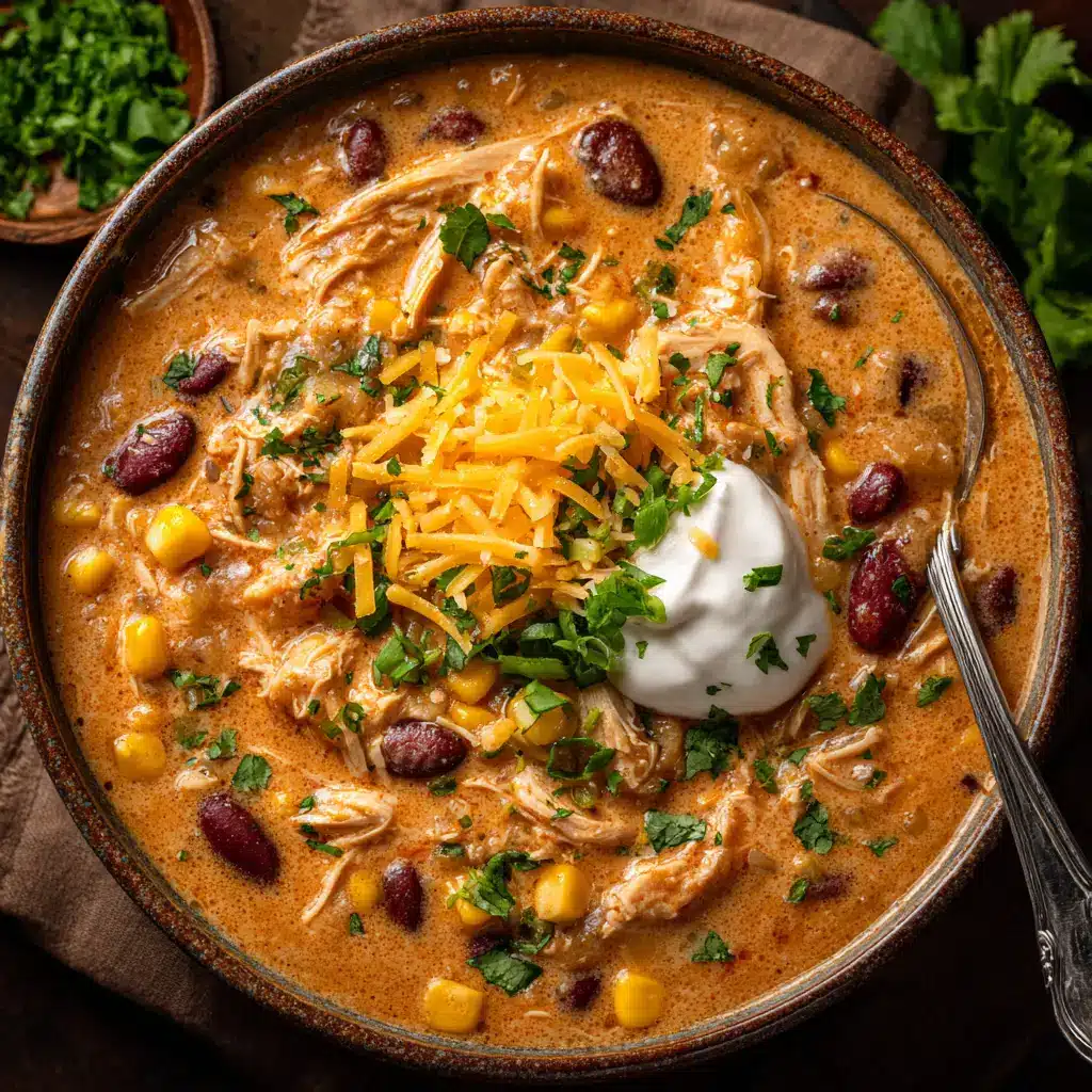An extreme close-up overhead shot of a spoonful of creamy slow cooker white chicken chili, showing the texture of the shredded chicken and beans.