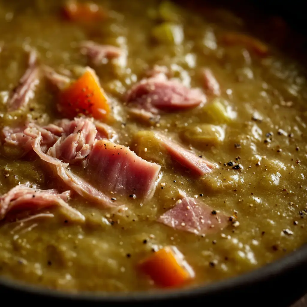 An extreme close-up top-down shot of thick, rustic split pea soup with ham, showcasing the creamy texture and chunks of vegetables and ham.