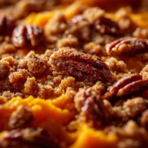 The smooth, creamy sweet potato casserole filling spread evenly in a baking dish before adding the topping.