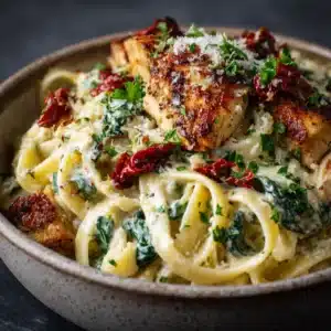 A close-up view of the rich and creamy Tuscan chicken pasta sauce, highlighting the vibrant sun-dried tomatoes and wilted spinach.