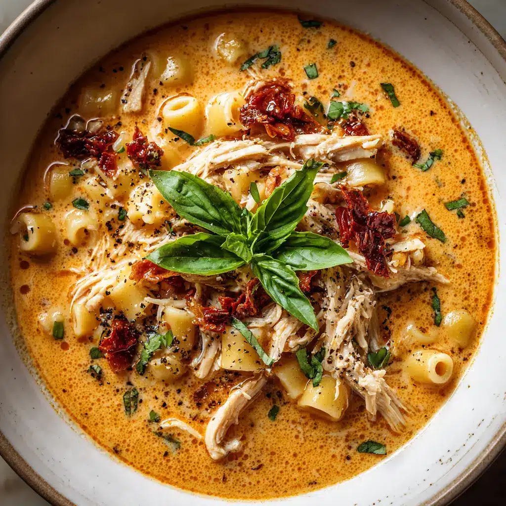 An overhead view of a rustic white bowl of creamy Tuscan chicken soup, ready to be served. The soup is garnished with parmesan and fresh herbs.