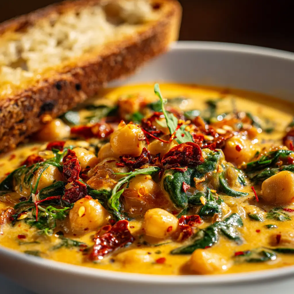 A close-up shot of creamy tuscan chickpeas with spinach and sun-dried tomatoes in a skillet.