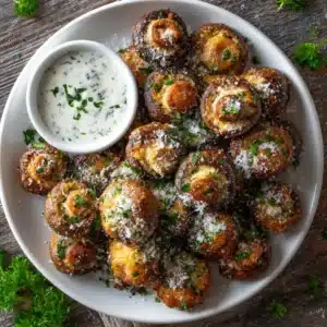 A close-up overhead shot of crispy, golden-brown air fryer ranch mushrooms in a rustic serving bowl, ready to be served as an easy appetizer.