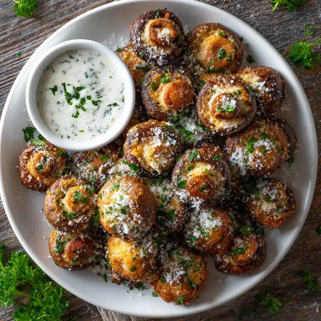 A close-up overhead shot of crispy, golden-brown air fryer ranch mushrooms in a rustic serving bowl, ready to be served as an easy appetizer.