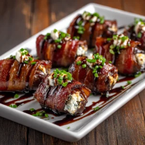 An extreme close-up of a single bacon wrapped date, showing the crispy texture of the bacon and the soft, caramelized date inside.