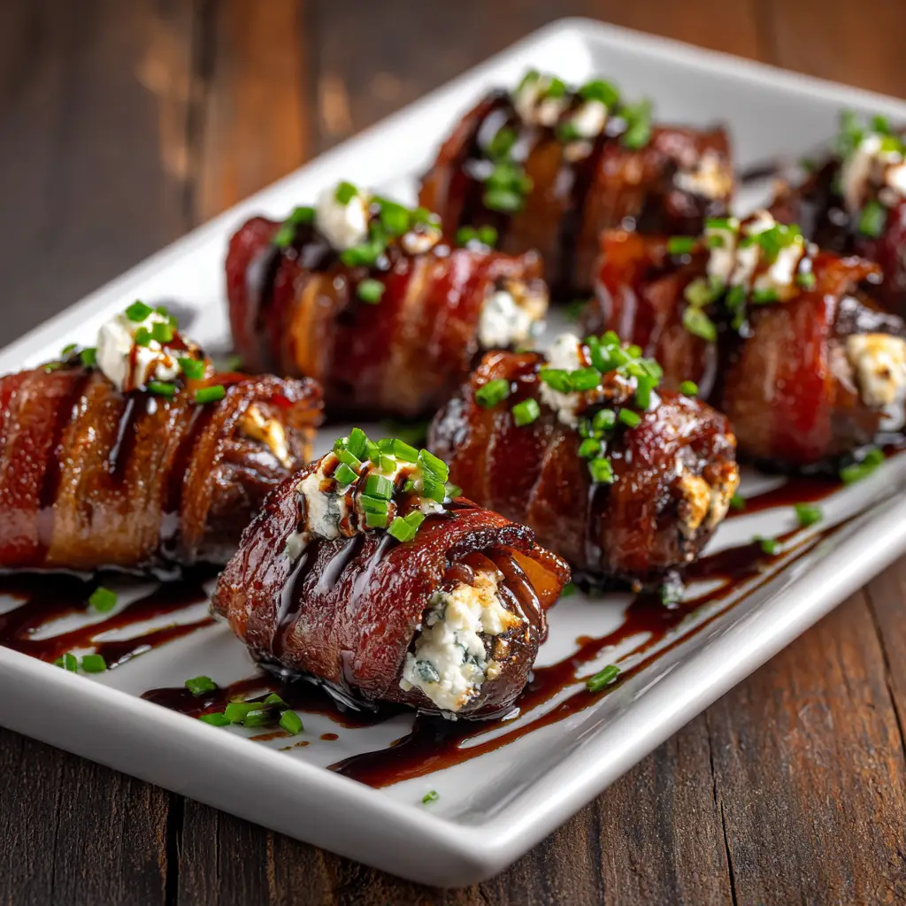 Bacon Wrapped Dates: The Perfect Sweet and Salty Appetizer 2 An extreme close-up of a single bacon wrapped date, showing the crispy texture of the bacon and the soft, caramelized date inside.