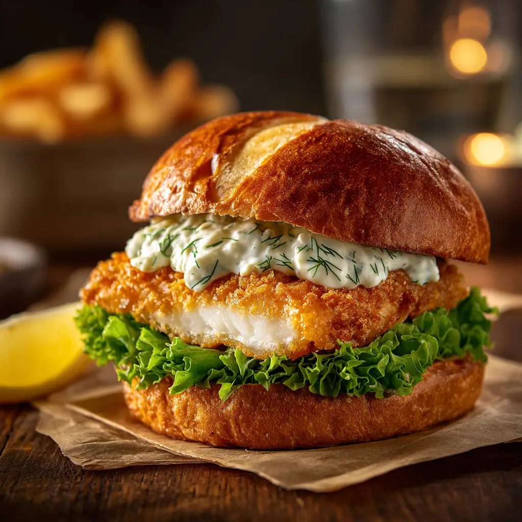 Crispy Fried Cod Sandwich (Restaurant-Style) 2 A close-up hero shot of the Crispy Fried Cod Sandwich, cut in half to show the flaky white fish interior and the thick, crunchy crust.