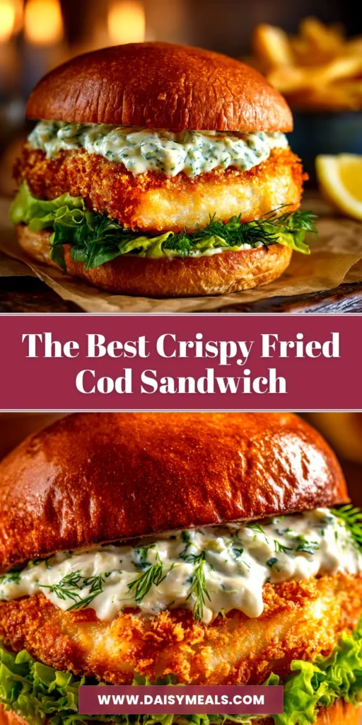 Crispy Fried Cod Sandwich (Restaurant-Style) 3 A perfectly assembled Crispy Fried Cod Sandwich on a wooden board, with a side of french fries. The cod is golden brown and flaky.