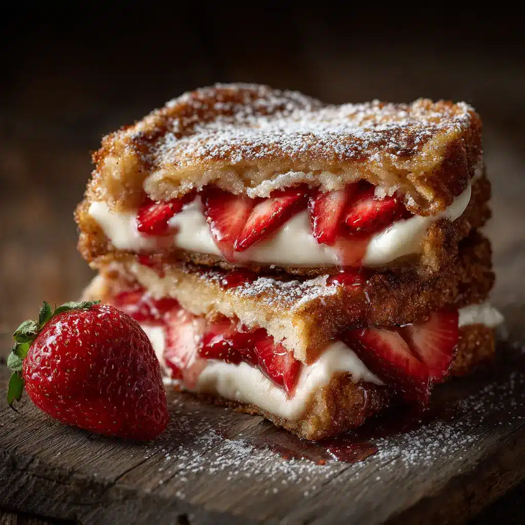 Two finished fried strawberry cheesecake rolls dusted with cinnamon sugar on a clean, white surface. The focus is on the crispy, bubbly texture of the fried wrapper.