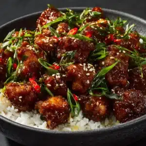 A close-up shot of crispy General Tso's chicken being tossed in a wok with the signature shiny sauce.